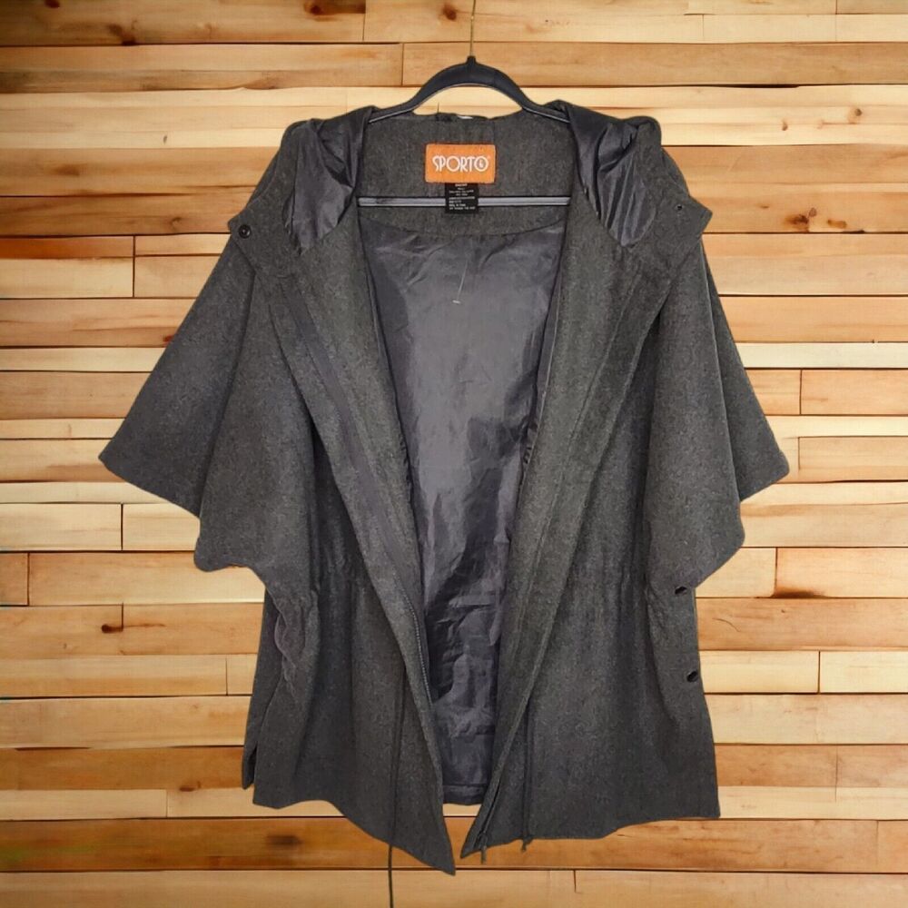 Sporto Missy Hooded Grey Poncho Cinched Waist Cape OS (XL or 1X) Full Zipper